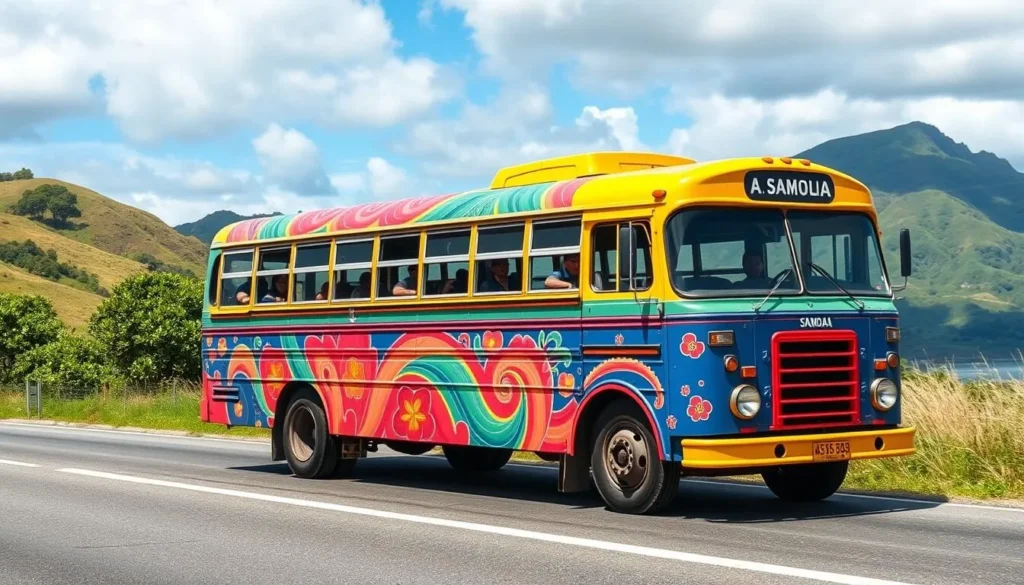 Image of a colorful Samoan bus traveling on the road in Apia