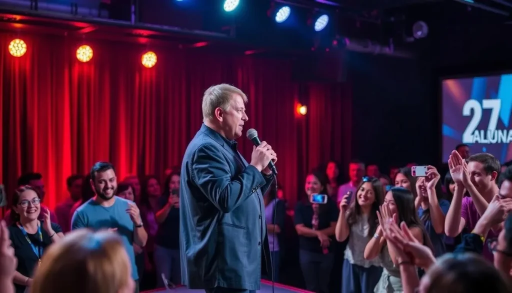 Image of a comedian performing on stage at 27 Aluna