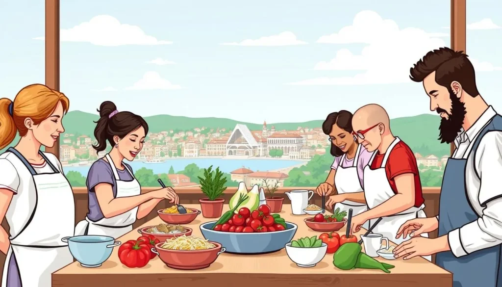 Image of a cooking class in San Sebastián, with participants preparing a traditional Basque dish