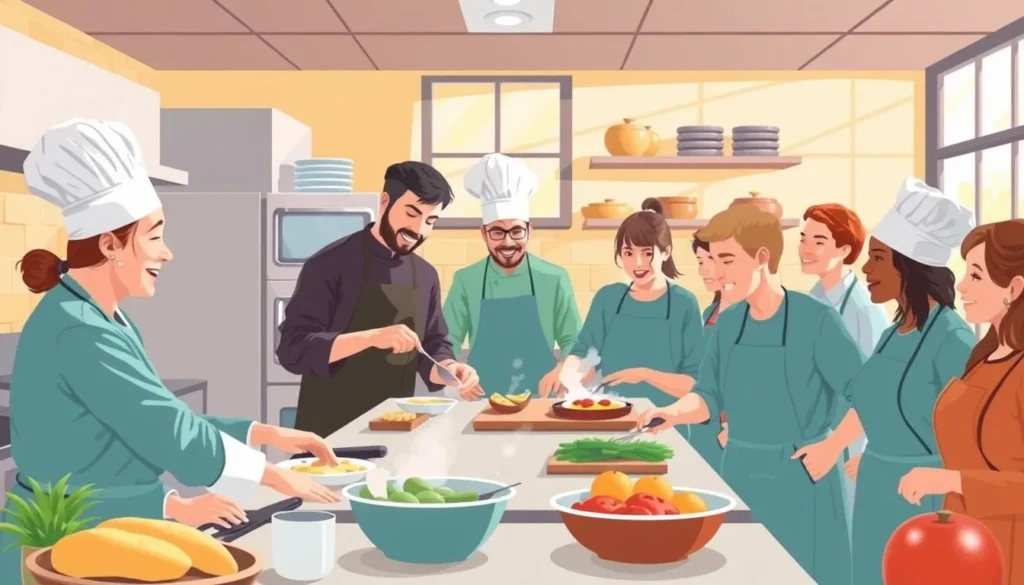 Image of a cooking class in progress with a chef teaching students