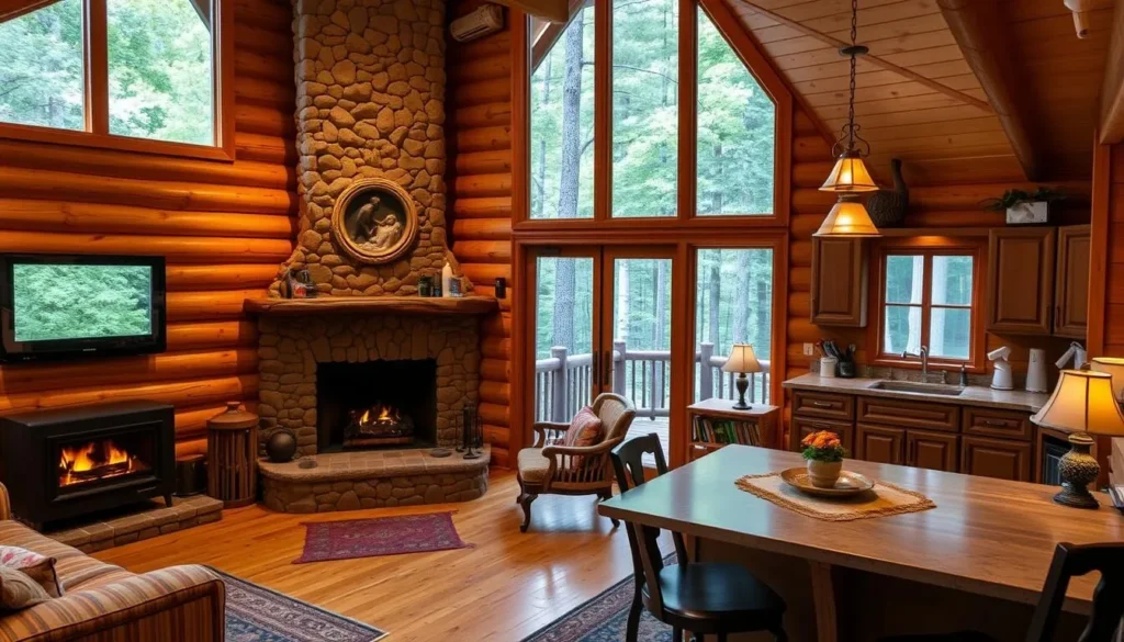 Image of a cozy Adirondack cabin with a fireplace and kitchen