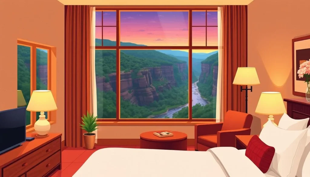 Image of a cozy hotel room in Fayetteville with a view of the New River Gorge