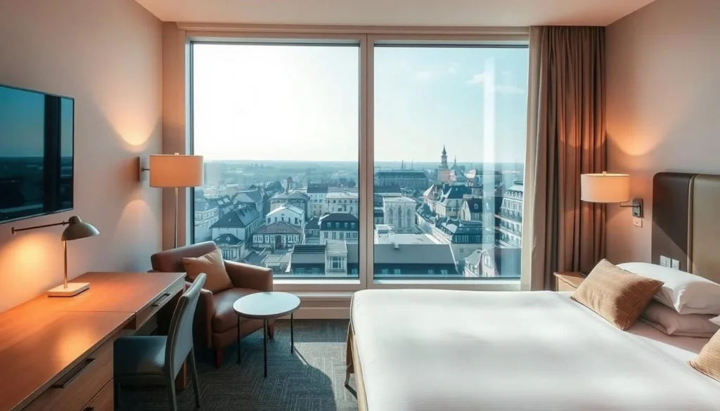 Image of a cozy hotel room in Rennes with a view of the city