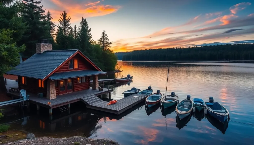 Image of a cozy lakeside cabin with a dock and boats