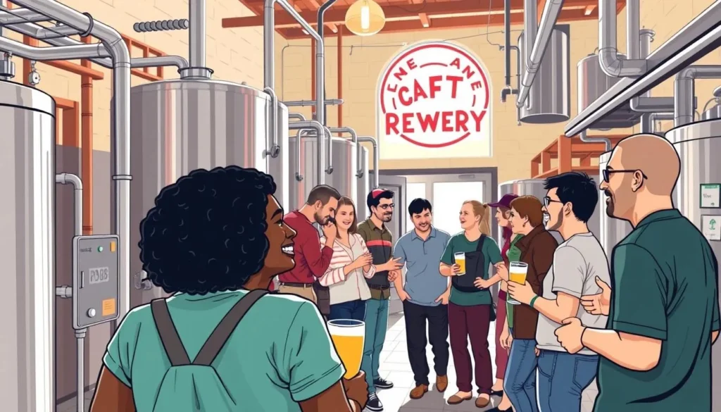 Image of a craft brewery in Bloomington, Indiana, with patrons enjoying a tour.