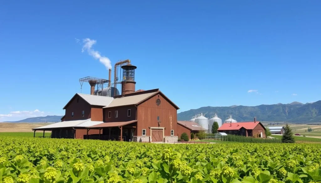 Image of a craft brewery in Yakima Valley surrounded by hop fields