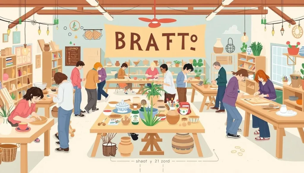 Image of a craft workshop in Berea, Kentucky, with participants engaged in various crafting activities.