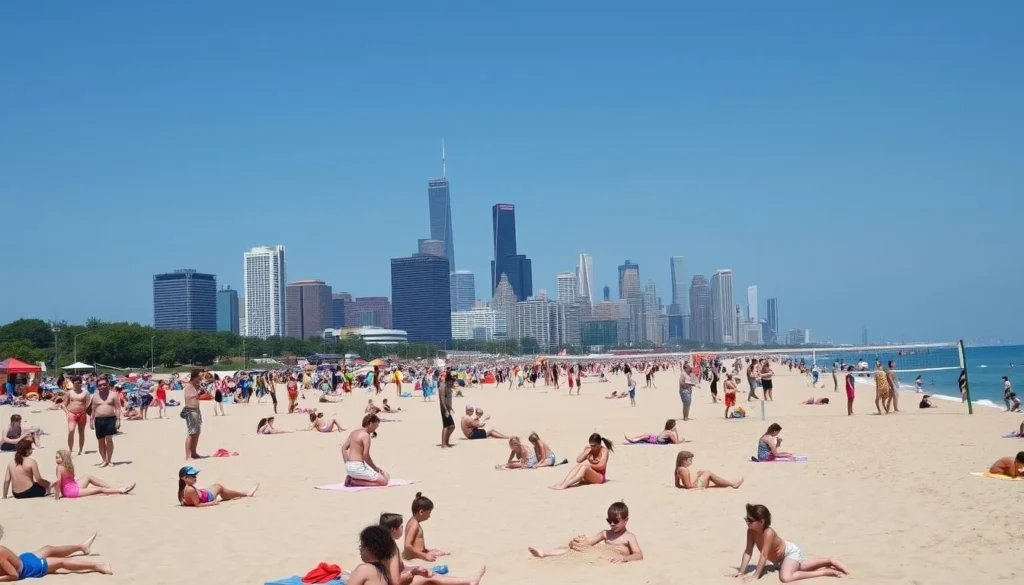 Image of a crowded beach in Chicago during summer