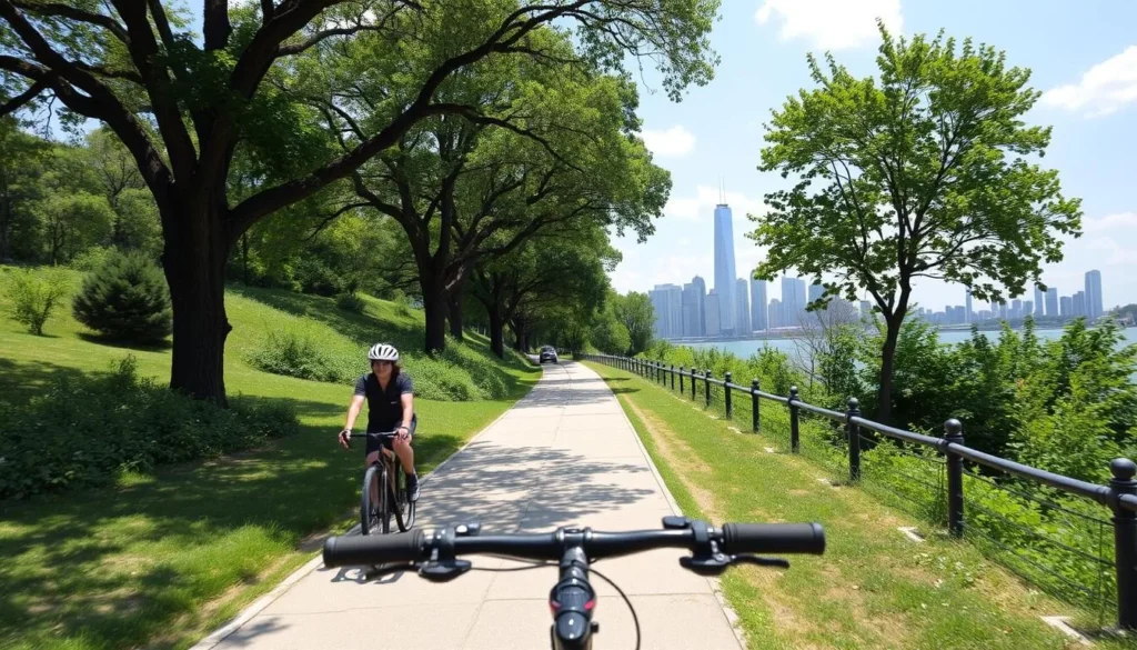 Image of a cyclist on Roosevelt Island