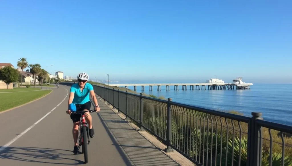 Image of a cyclist riding along the Marvin Braude Coastal Trail with the Redondo Beach Pier in the background
