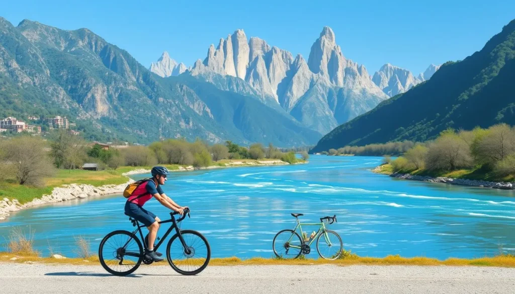 Image of a cyclist riding along the Yulong River with karst mountains in the background