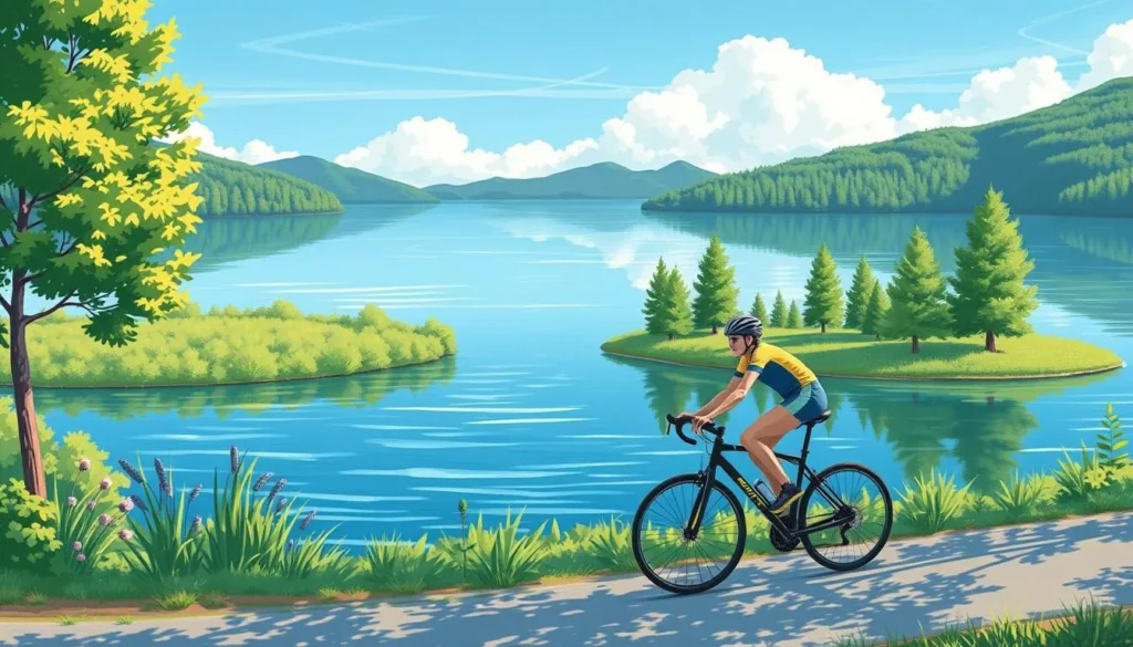 Image of a cyclist riding along the shores of Clear Lake
