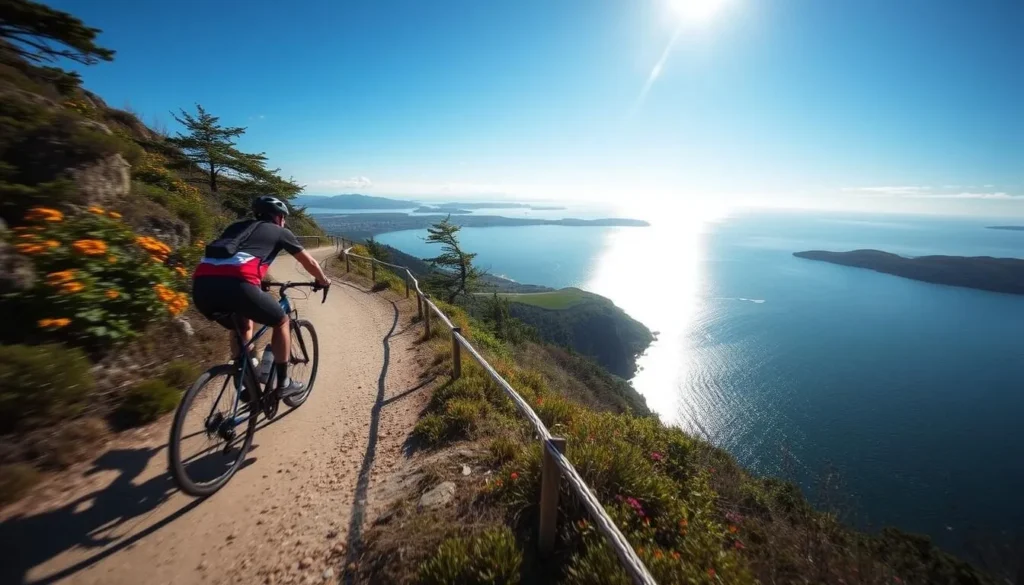 Image of a cyclist riding on Peaks Island with scenic ocean views Image of a cyclist riding on Peaks Island with scenic ocean views