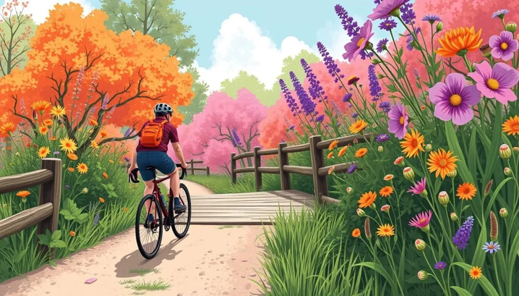 Image of a cyclist riding on the Pumpkinvine Nature Trail, passing by a wooden bridge and wildflowers.
