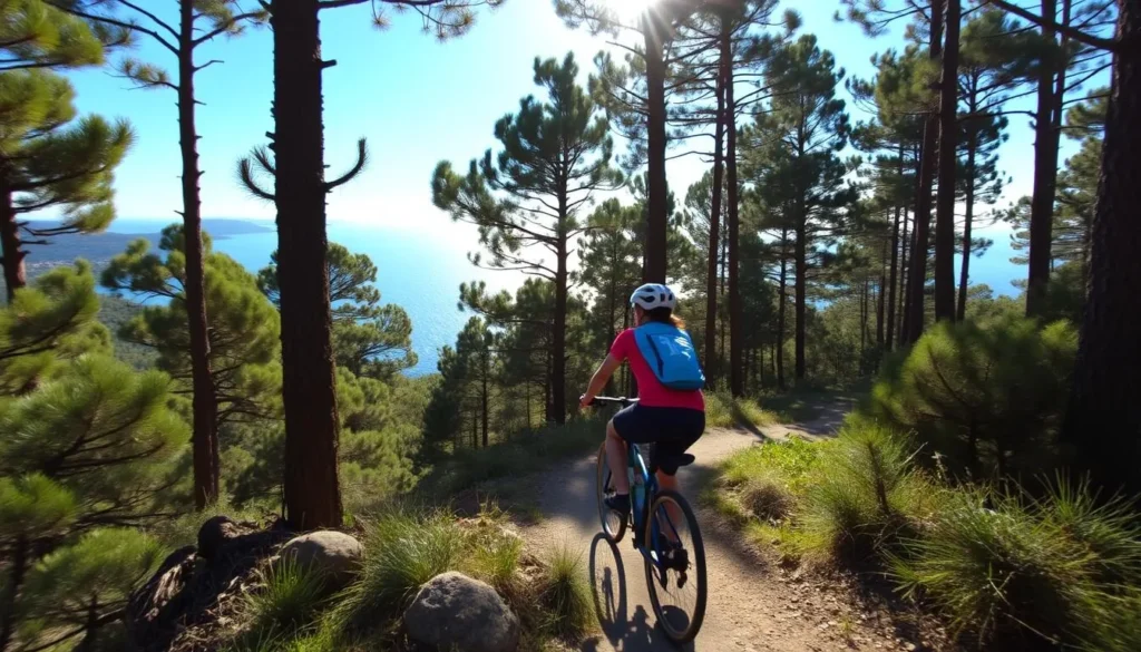 Image of a cyclist riding through a pine forest with the Arcachon Bay in the background Image of a cyclist riding through a pine forest with the Arcachon Bay in the background