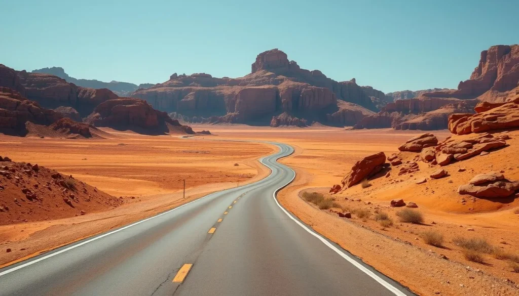 Image of a desert landscape with a road leading to Wadi Rum