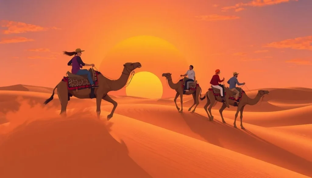 Image of a desert safari adventure with dune bashing and camel rides