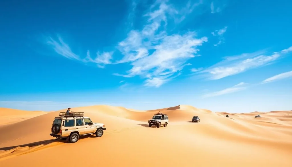 Image of a desert safari with 4x4 vehicles on the dunes