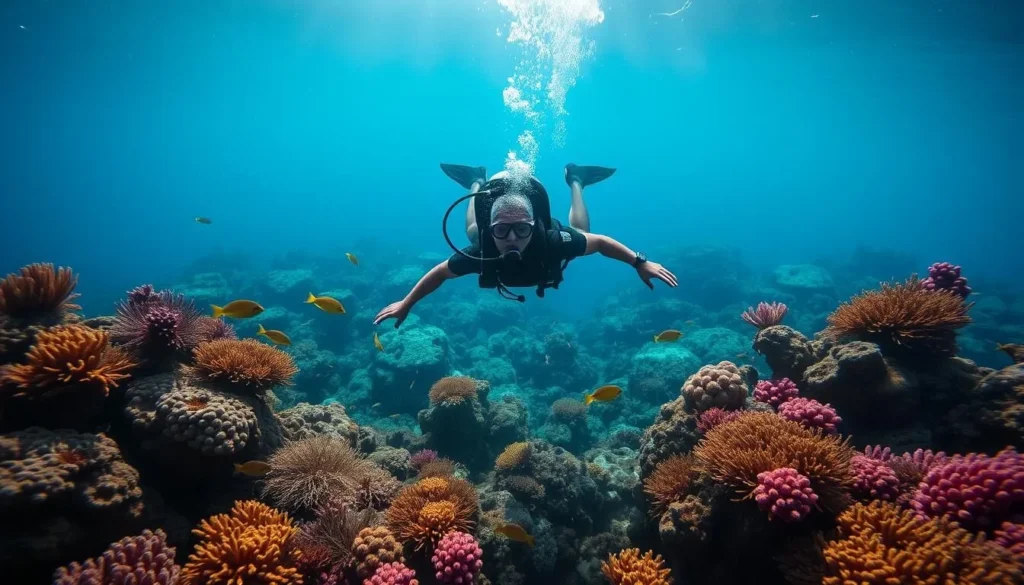 Image of a diver exploring the vibrant coral reefs of the Cousteau Reserve