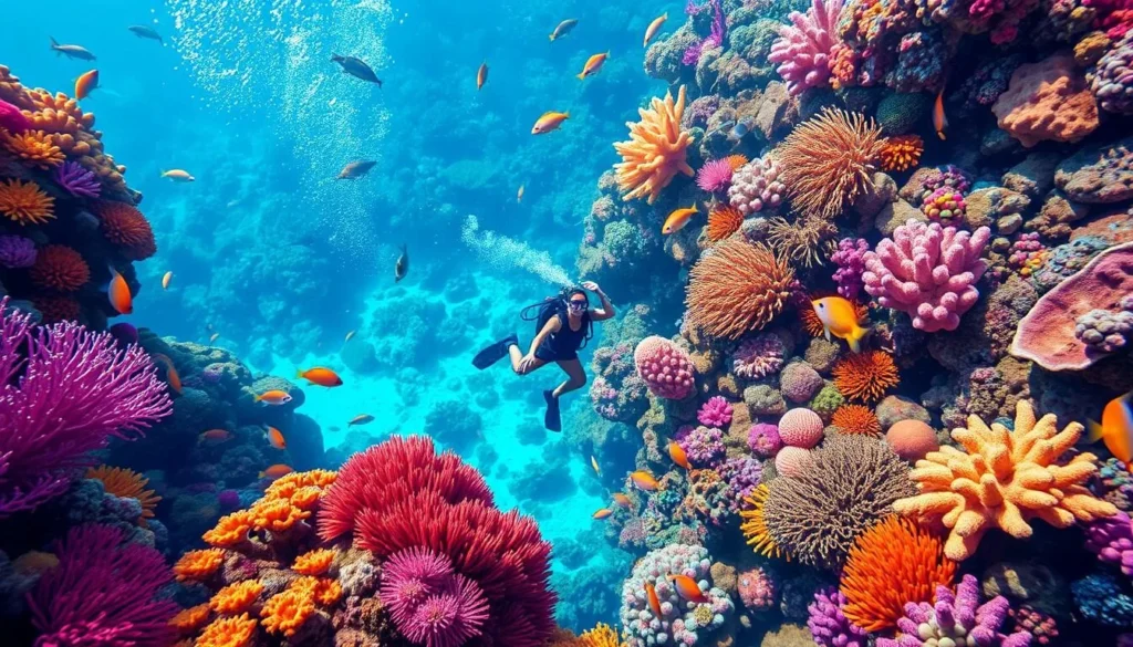 Image of a diver or snorkeler exploring the coral reef at Mnemba Atoll