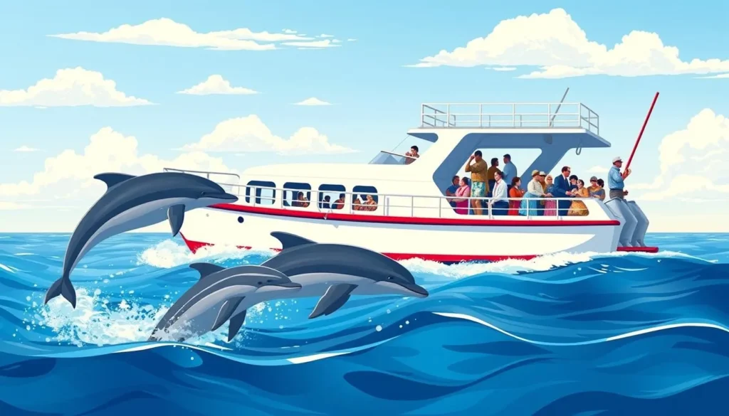 Image of a dolphin watching tour boat in Virginia Beach with dolphins swimming alongside
