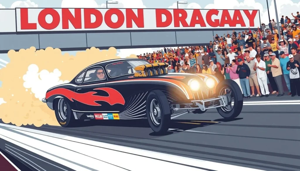 Image of a drag racing car speeding down the track at London Dragway, with a crowd of spectators in the background.