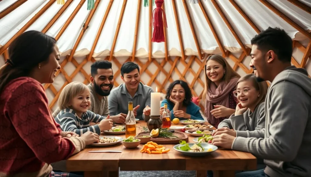 Image of a family enjoying a meal together in a yurt