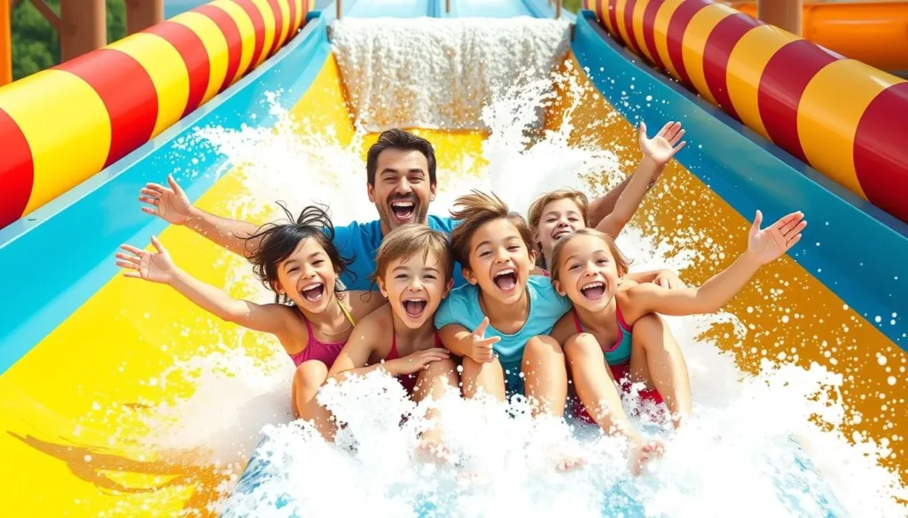 Image of a family enjoying a water slide at a Wisconsin Dells waterpark