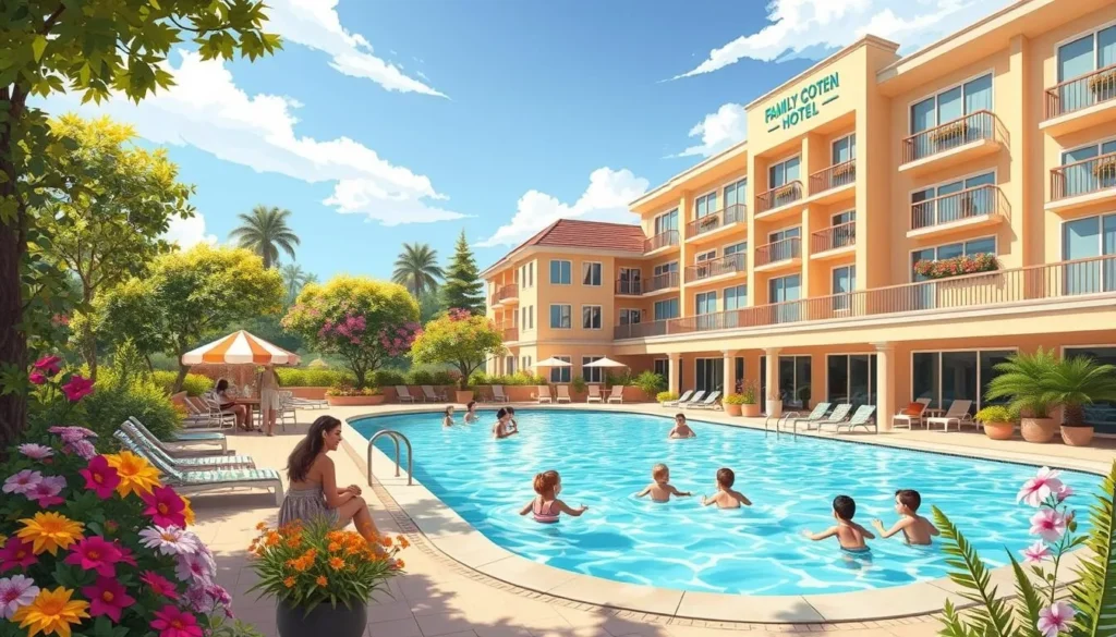 Image of a family-friendly hotel with a pool