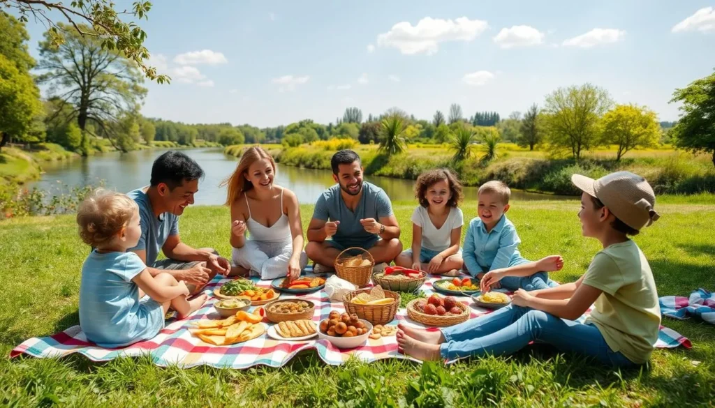 Image of a family having a picnic in a park with a river in the background