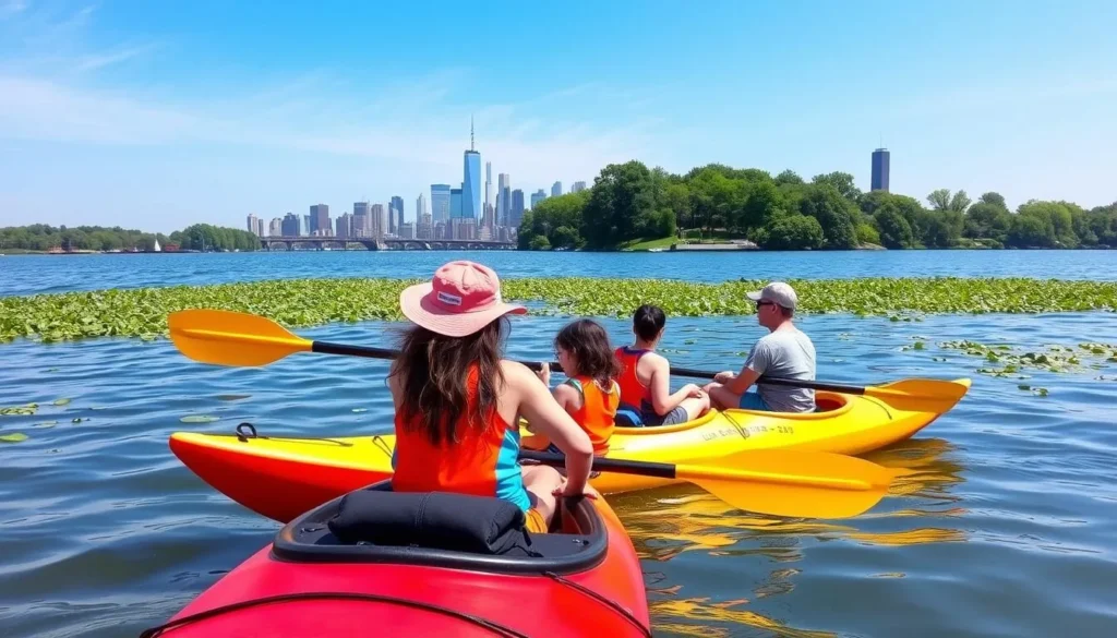 Image of a family kayaking around Governors Island