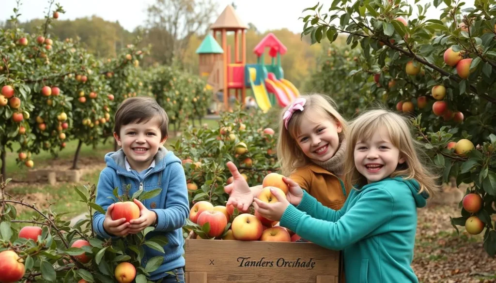 Image of a family picking apples at Tanners Orchard with a play area in the background