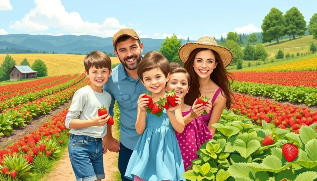 Image of a family picking strawberries at a U-pick farm in Yakima Valley