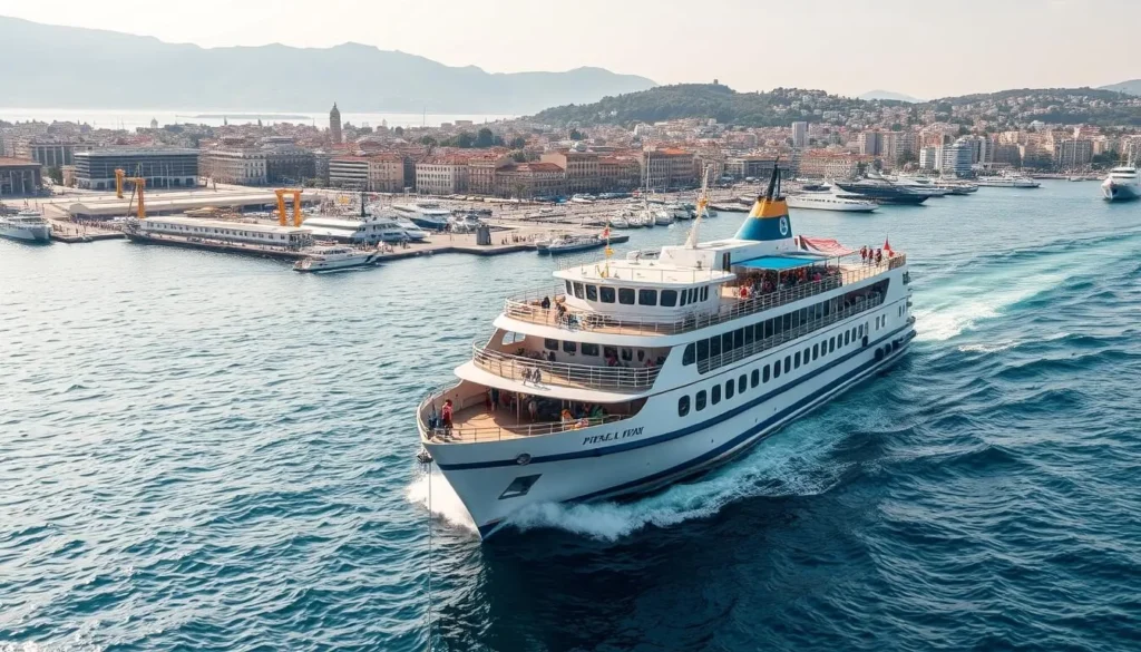 Image of a ferry departing from Piraeus port