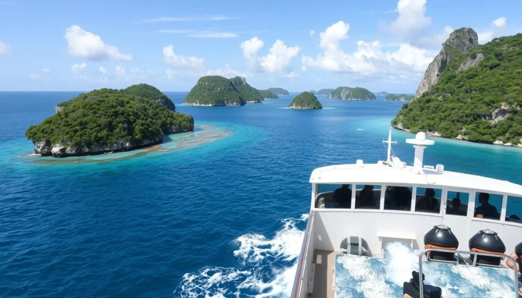 Image of a ferry or a boat traveling between islands in the British Virgin Islands