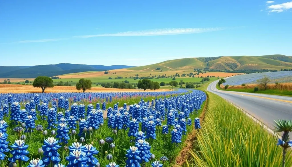 Image of a field of bluebonnets along a Texas roadside