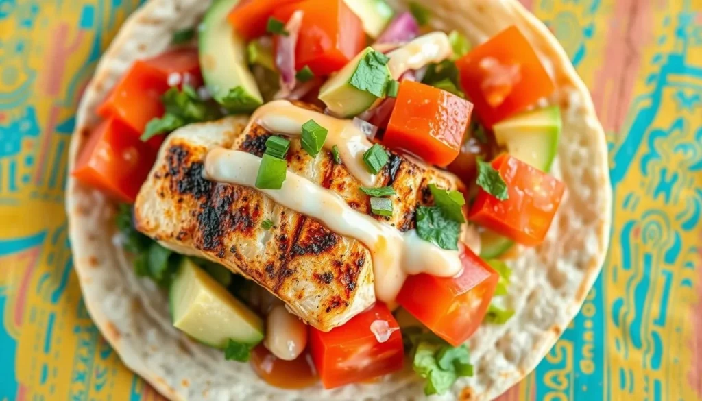 Image of a fish taco with fresh ingredients