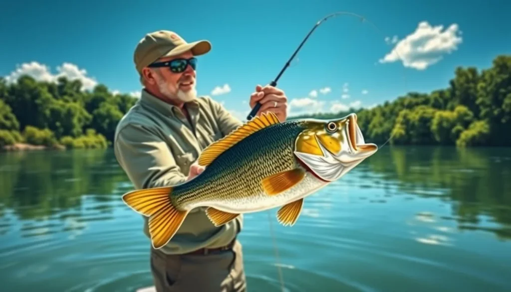 Image of a fisherman catching a largemouth bass at Green River Lake
