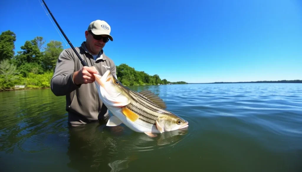 Image of a fisherman catching a striped bass in Lake Ouachita