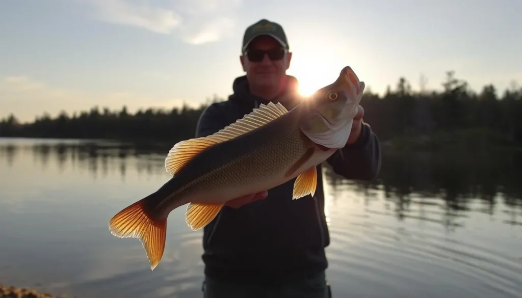 Image of a fisherman on Leech Lake with a caught walleye