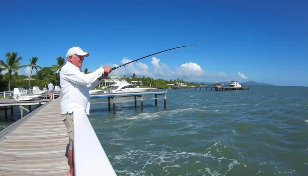 Image of a fisherman reeling in a catch on Peanut Island's fishing pier