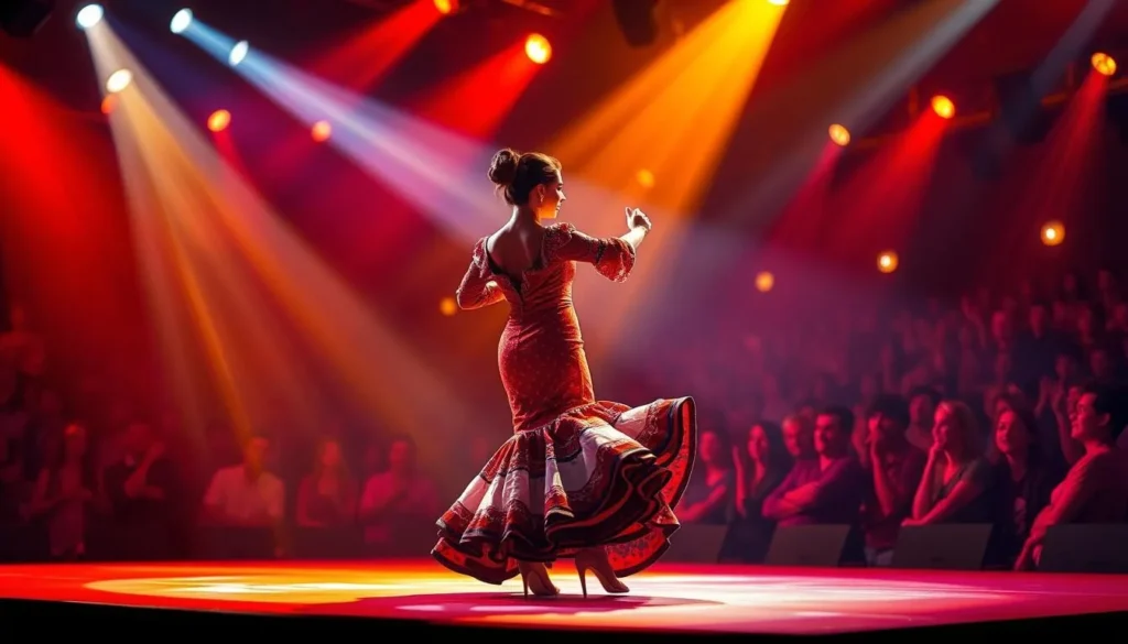 Image of a flamenco dancer in a traditional Spanish dress performing on stage