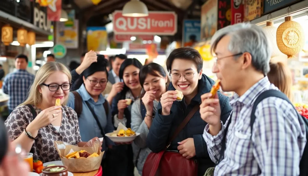 Image of a food tour group sampling local specialties