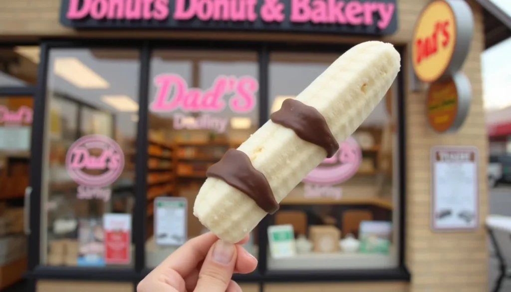 Image of a frozen chocolate-dipped banana being held by someone in front of Dad's Donut & Bakery Shop