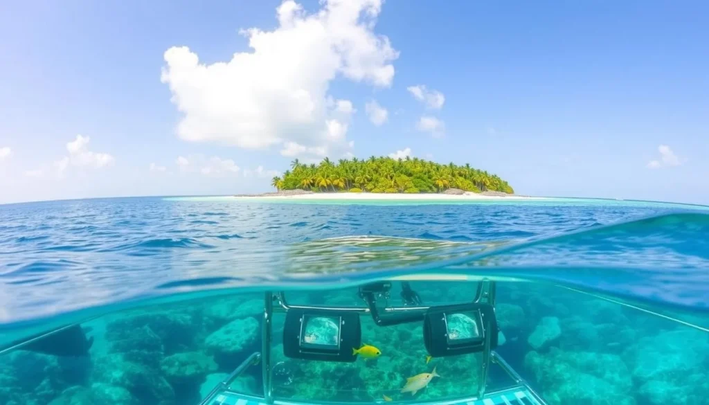 Image of a glass bottom boat tour approaching Booby Cay Island