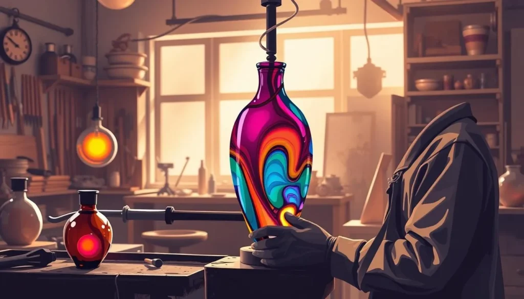 Image of a glassblower shaping a colorful glass vase