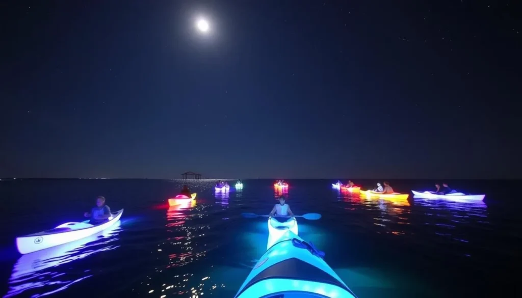 Image of a glowing kayak tour in Corpus Christi at night
