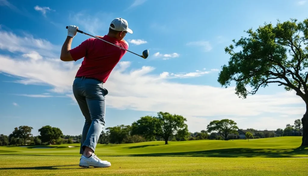 Image of a golfer swinging at a golf course in Irving, Texas