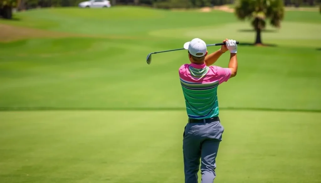 Image of a golfer teeing off on a lush green course on Amelia Island