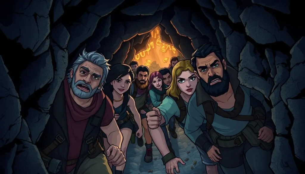 Image of a group of adventurers crawling through a narrow cave passageway